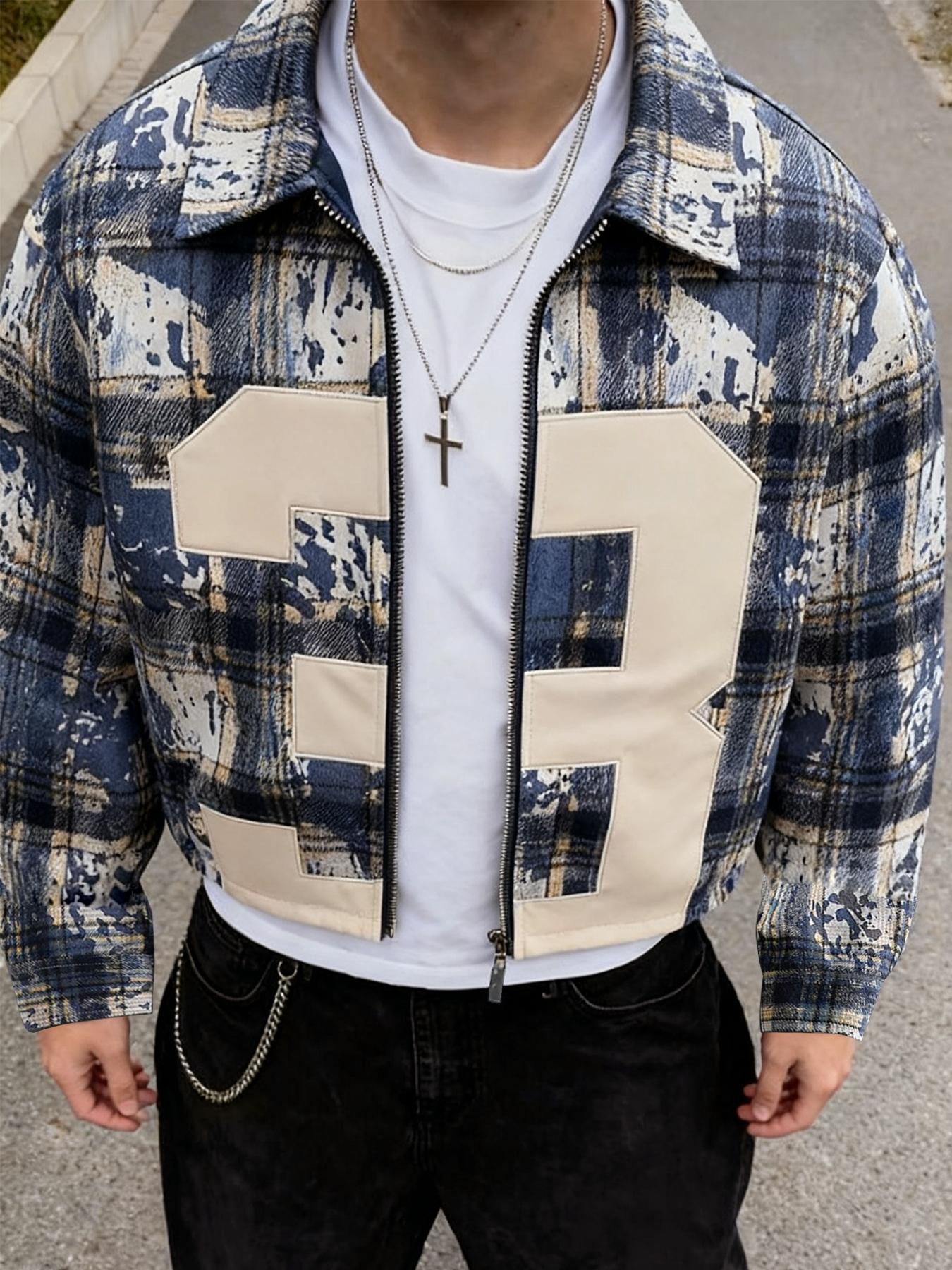 Men's Blue/Yellow/White Checkered Bomber Jacket with Oversized "3" Number Design, Regular Fit Cozy Causal Top, for Urban Street Style