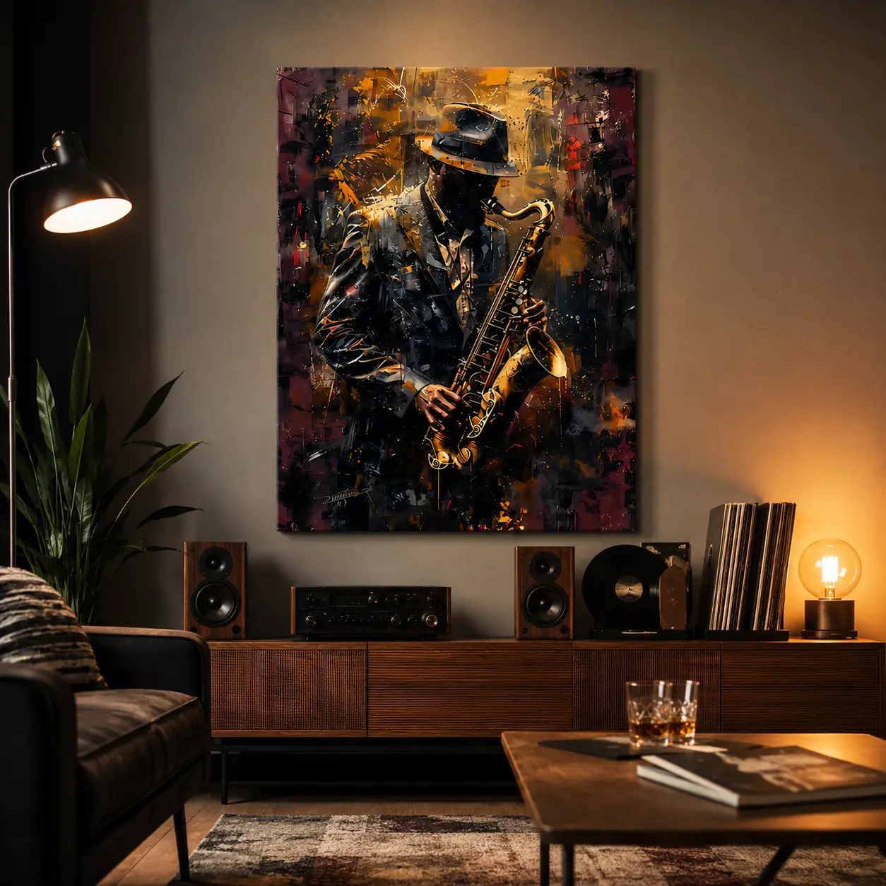 Modern Abstract Jazz Music Canvas Wall Art - 2D Flat Black Gold Red Brown Unframed Poster Print, Abstract Graphic Minimalist Mid-Century Musician Decor, Living Room Decor, Fade Resistant Gift Ideas for Music Lovers, Multi-Size