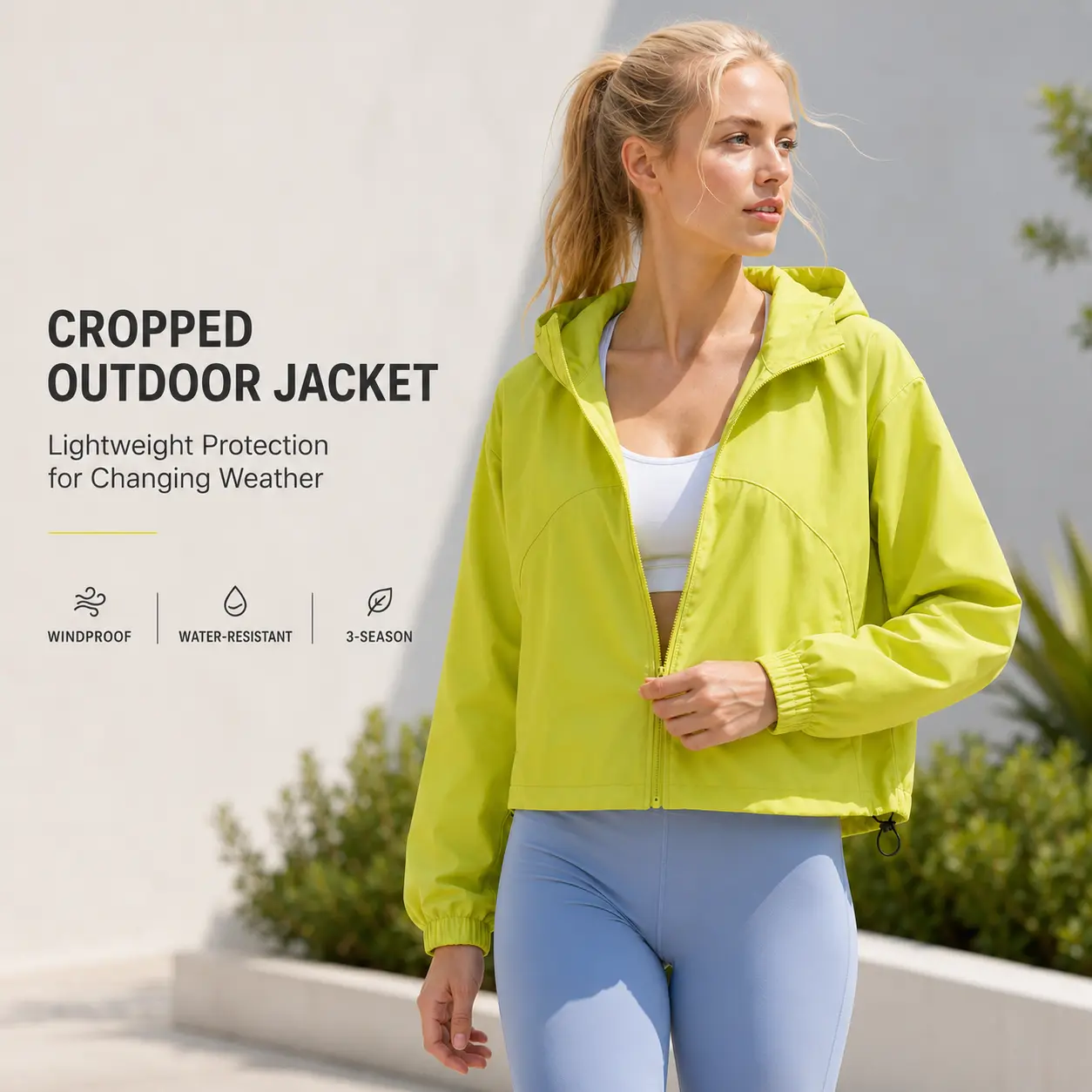 Women's Polyester Cropped Lightweight Adjustable Hood Windbreaker Jacket - Water-Resistant, Windproof, Full-Zip Front for Hiking, Outdoor Activities, Casual Spring Fall Wear (Cold Wash Compatible)