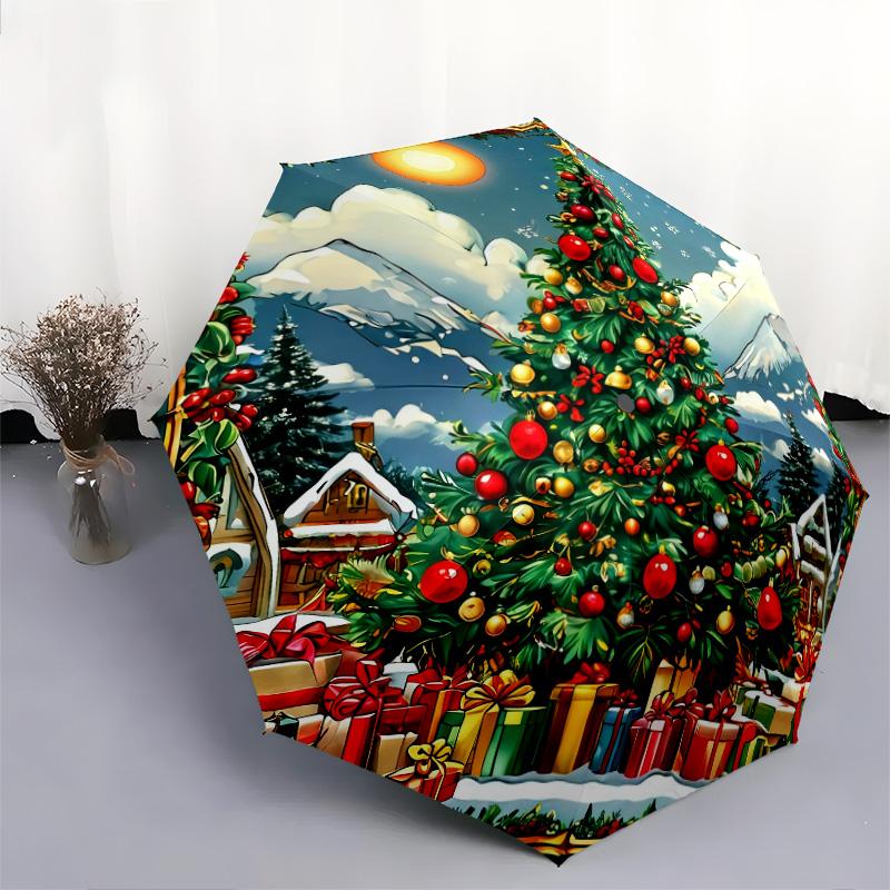 Festival Christmas Tree Printed New Universal Umbrella, Automatic Folding Umbrella, Portable Foldable Design Travel Umbrella, Outdoor Umbrella, Black Friday, Christmas, Birthday Gift C362