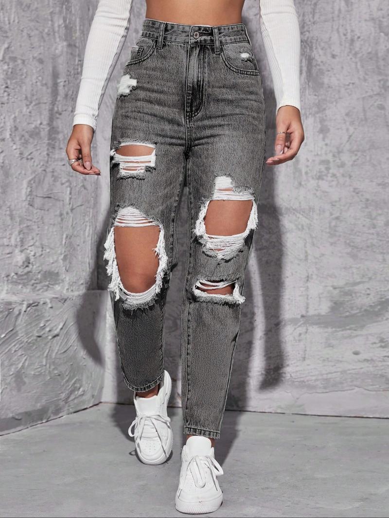 Women's High-Waisted Straight Leg Ripped Jeans Pants, Casual Comfortable Street Style Spring Fashion, Fitted Long Regular Fit