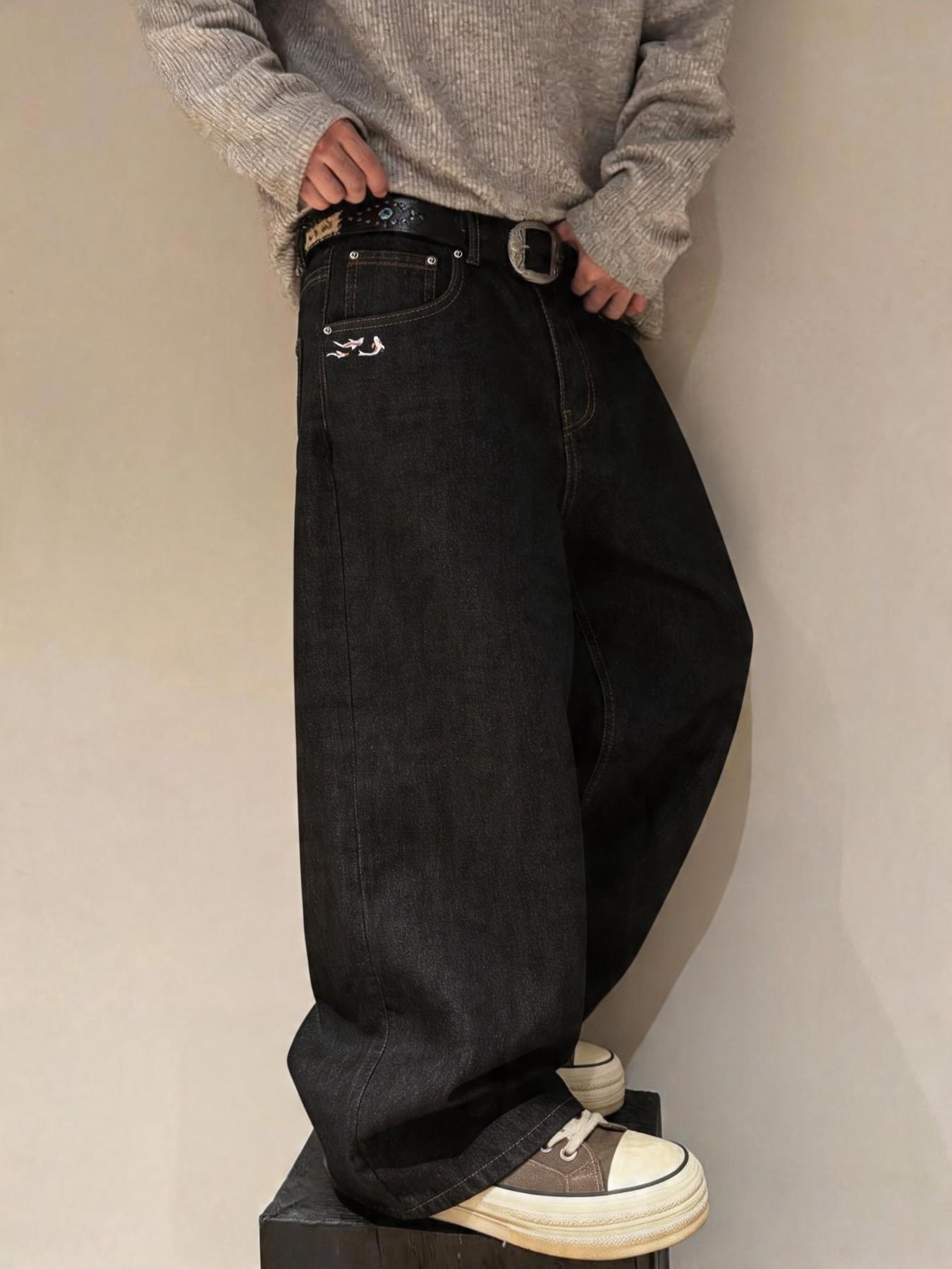 Street Style Streetwear Menswear Koi Embroidered Pocket Wide-Leg Denim Jeans Pants for Men, Casual Loose-Fitting Straight Jeans for All Seasons, Perfect Gift for Boyfriend, Husband, Friends