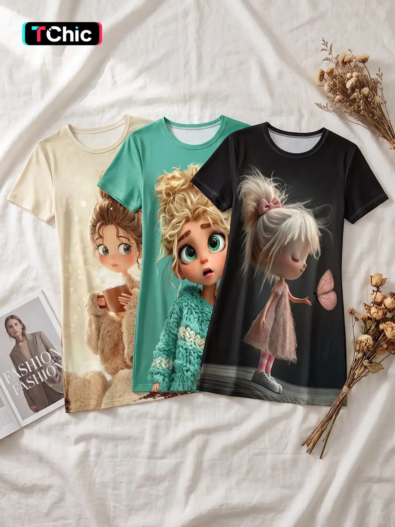 Women's 3 Pack Crew Neck Short Sleeve Sleep Dress, All Season Wear, Warm Glow Cartoon Girl Butterfly Print, Quiet Gentle Style, Casual Nightgown for Home Loungewear Nightwear