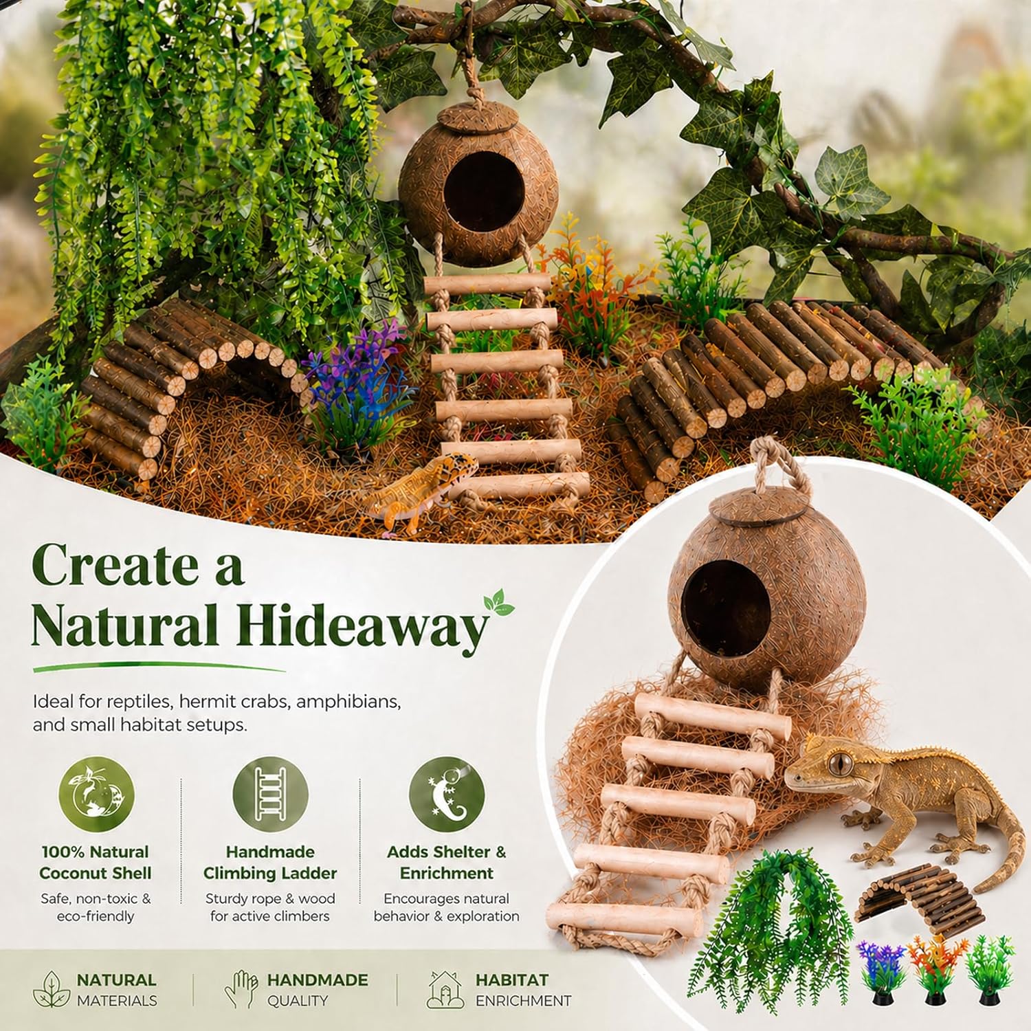 Crested Gecko  Accessories, Reptile   Vines with  Coconut Shell Hideout & Climbing Ladder Decor for Hermit Crab Lizard Leopard Gecko Chameleon Snake Terrarium Decor