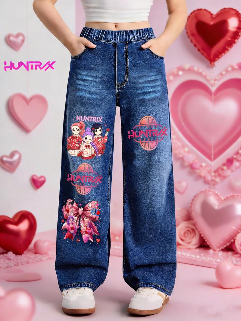 Valentine's Day Kpop Girl Printed Denim Jeans, Casual Fitted Jeans for Girls Ages 7-12, Perfect Valentine's Gift for Kids