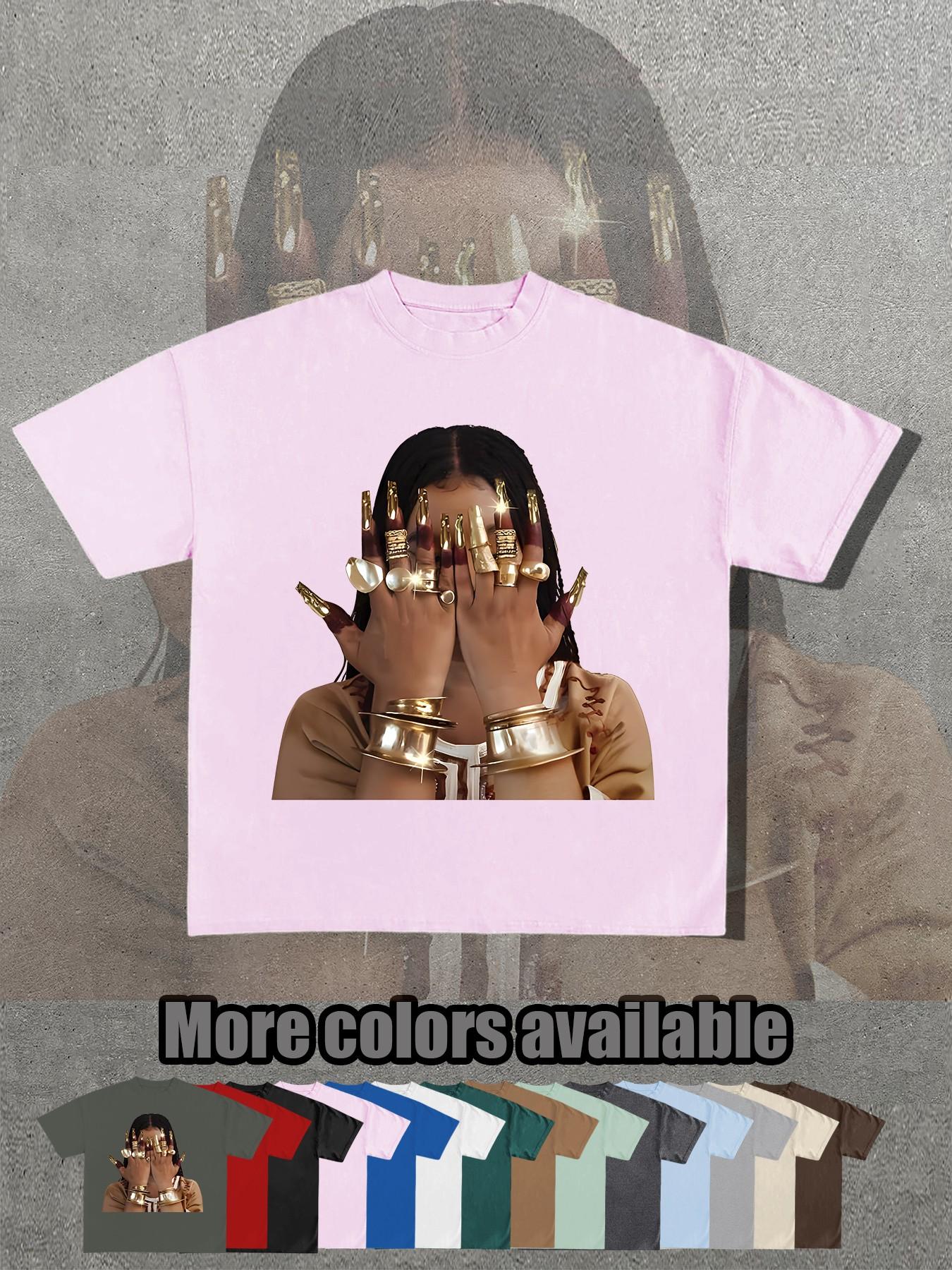 14 Color Options, Retro Egyptian Queen Gold Nail Print T-Shirt, Unisex Short Sleeve, Loose Fit, Street Style, Summer Fashion Essential