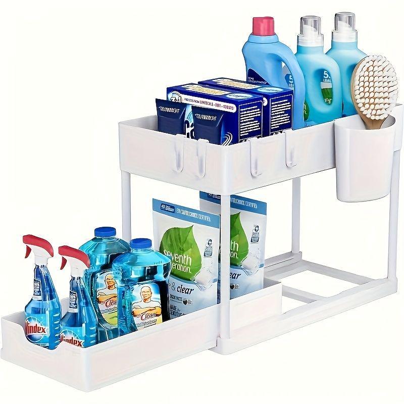 Double Layer Pull-Out Sink Shelf with Hooks, Kitchen Bathroom Storage Basket, Multi-Functional Organizer Rack, Space-Saving Design