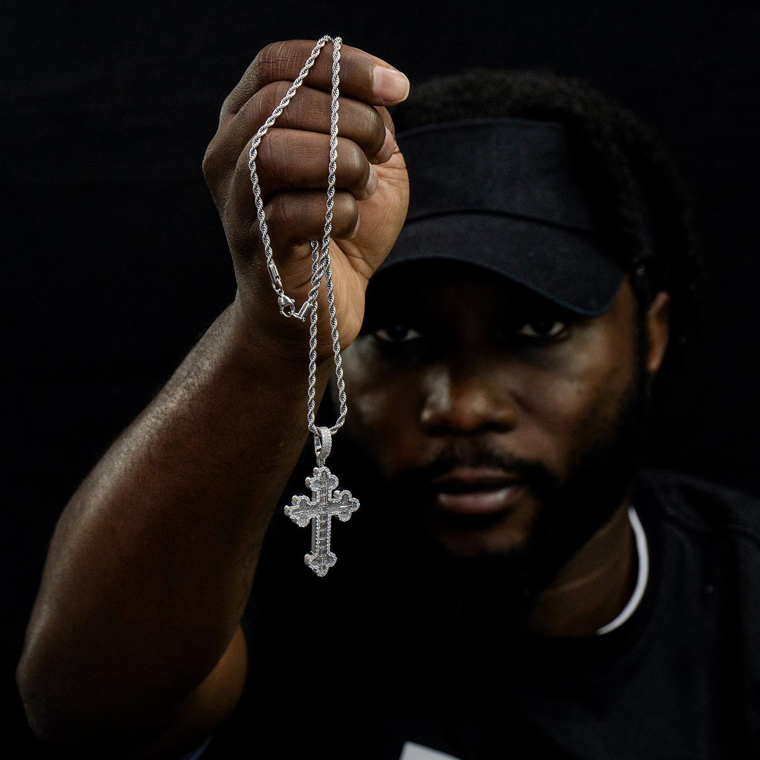 Delzzad Cross Pendant VVS Micro Pave Baguette Synthetic Moissanite S925 Crossnecklace Unisex Necklace Jewelry Wedding Anniversary Engagement Christmas Gift for Men Women