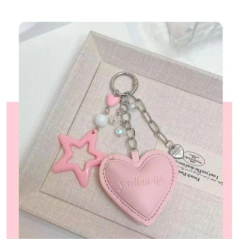 Pink Love Heart Leather Keychain Car Key Ring with Lanyard Multifunctional Bag Charm Phone Strap Hanging Pendant for Women