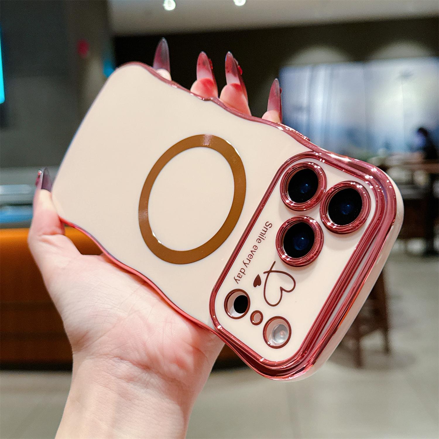 For iPhone 17 Pro Max 16 15 14 12 Case Magnetic,for Women Girls Soft Cute Wave Frame Curly Shape Love Heart Luxury Plating Phone Case Compatible with MagSafe Shockproof Back Cover