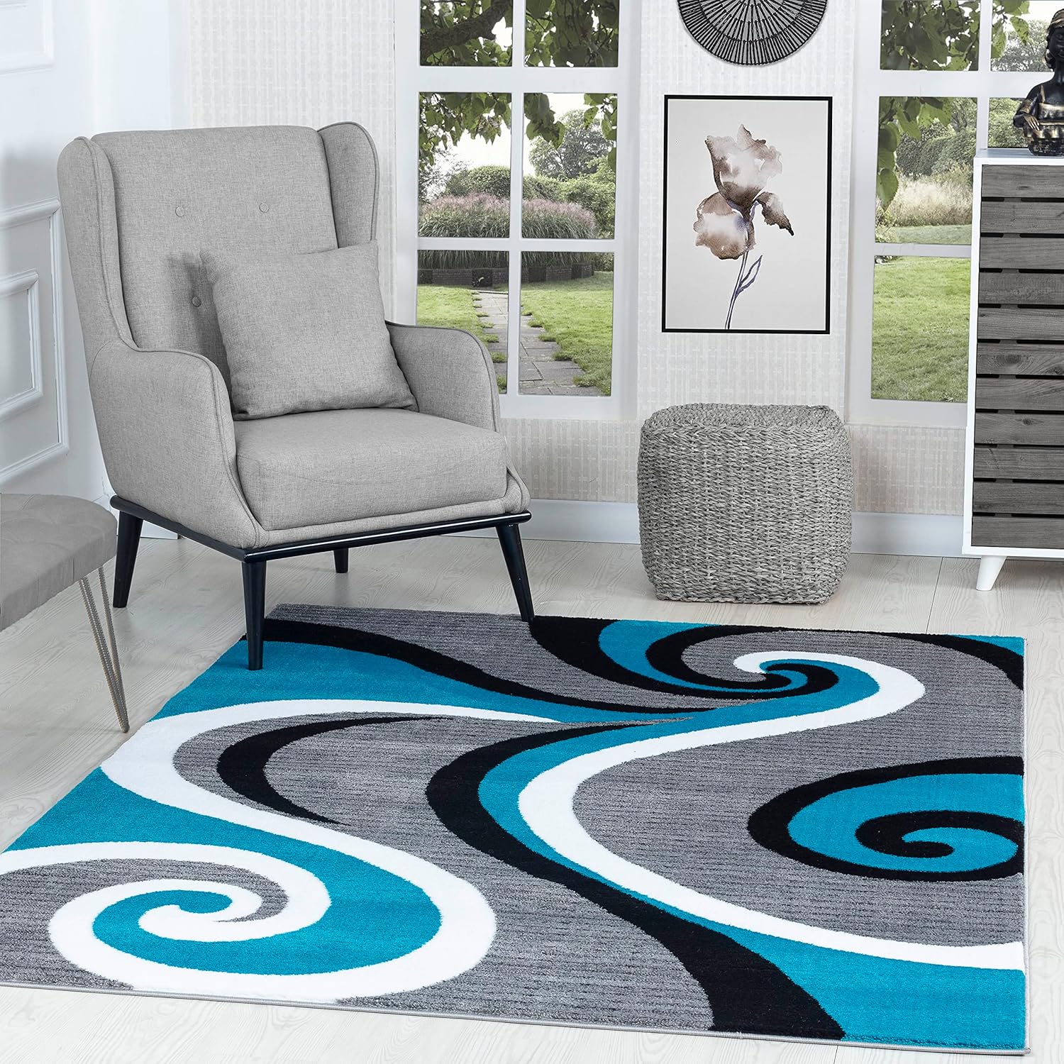 Modern Abstract Swirl Wave Geometric Flannel Area Rug - Teal Grey Black White Contemporary Print Soft Mat for Living Room, Non-Slip Minimalist Home Decor#AbstractSwirlRug #GeometricContemporaryMat #MinimalistHomeDecor #TealGreyCarpet #NonSlipFlannelRug
