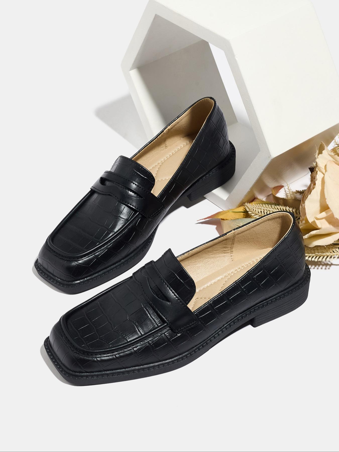 Women's Fashion Fall New Thick Sole Square Toe Soft PU Leather Shoes, Slip-On Comfortable Loafers for Work & Casual Wear