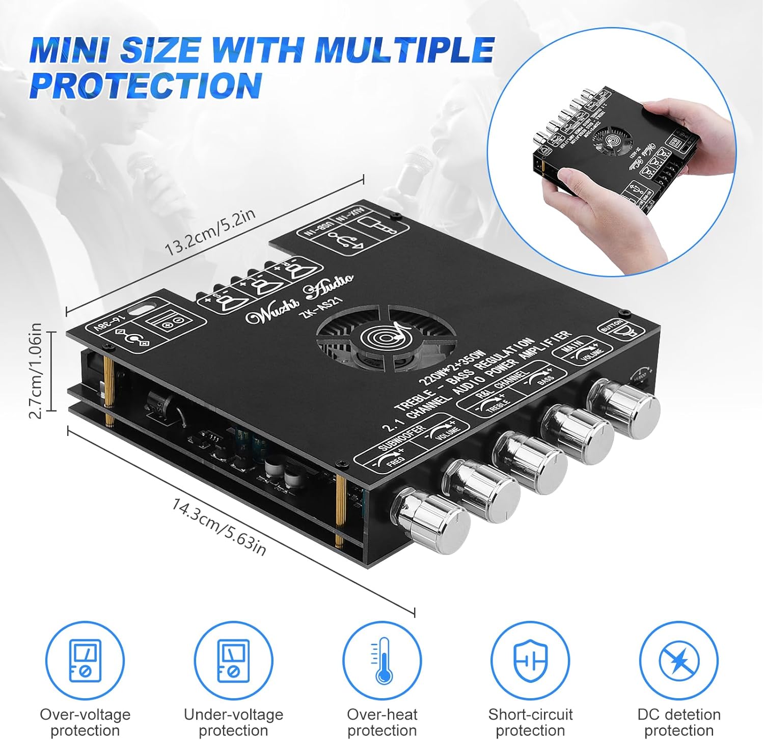 Bluetooth 5.1 Audio Amplifier Board, ZK-AS21 2.1 CH 220W x 2 + 350W HiFi Subwoofer Power Amp Mini Digital Audio Amp Module for Home Speakers(30-220W, 3-8Ohms), DC 16-38V, BT USB AUX Input