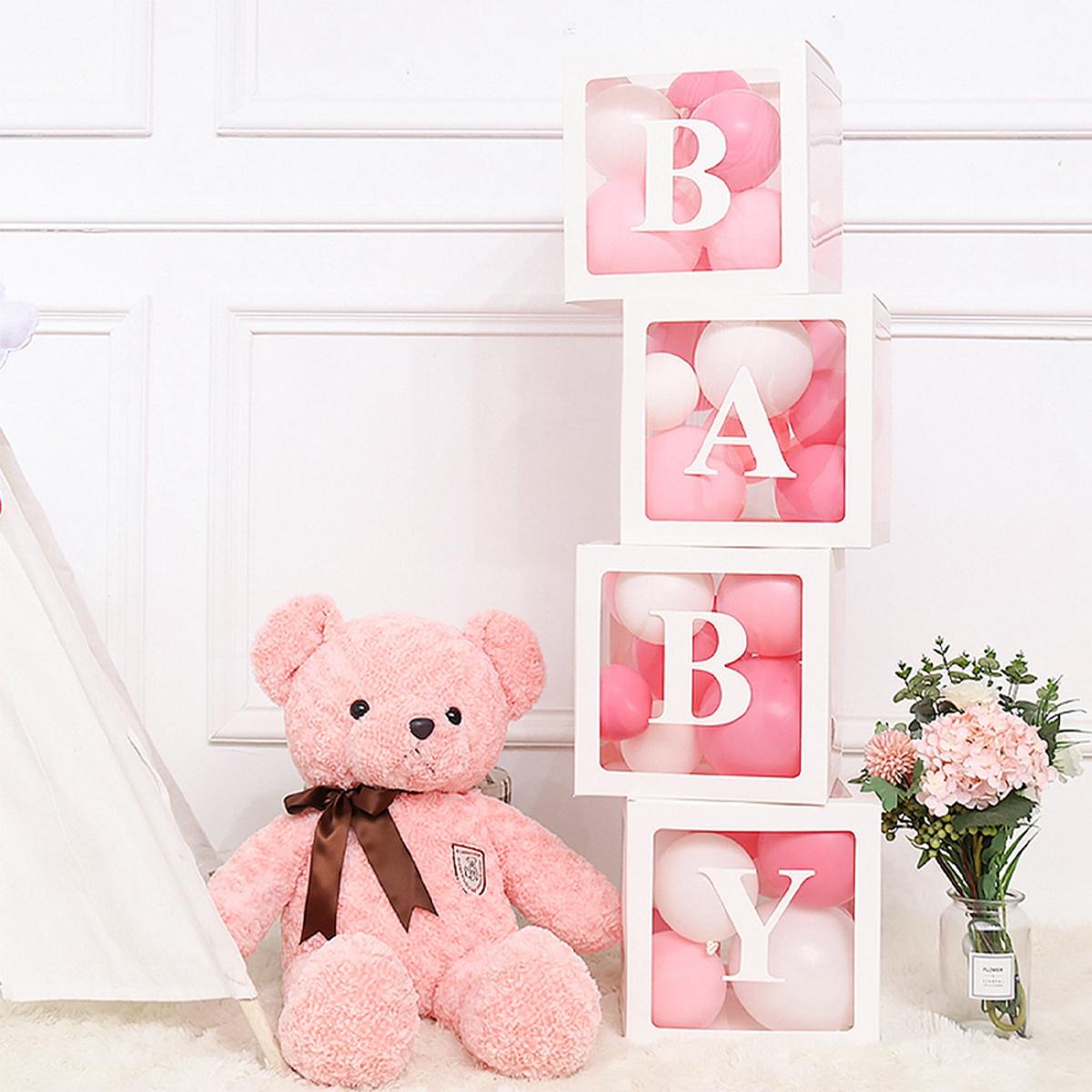 Baby Paper Balloon Box Baby Boxes With 4 pcs Letters,White Clear Balloon Box Blocks for Baby Shower Gender Reveal Decoration,Kids Birthday Party Decor