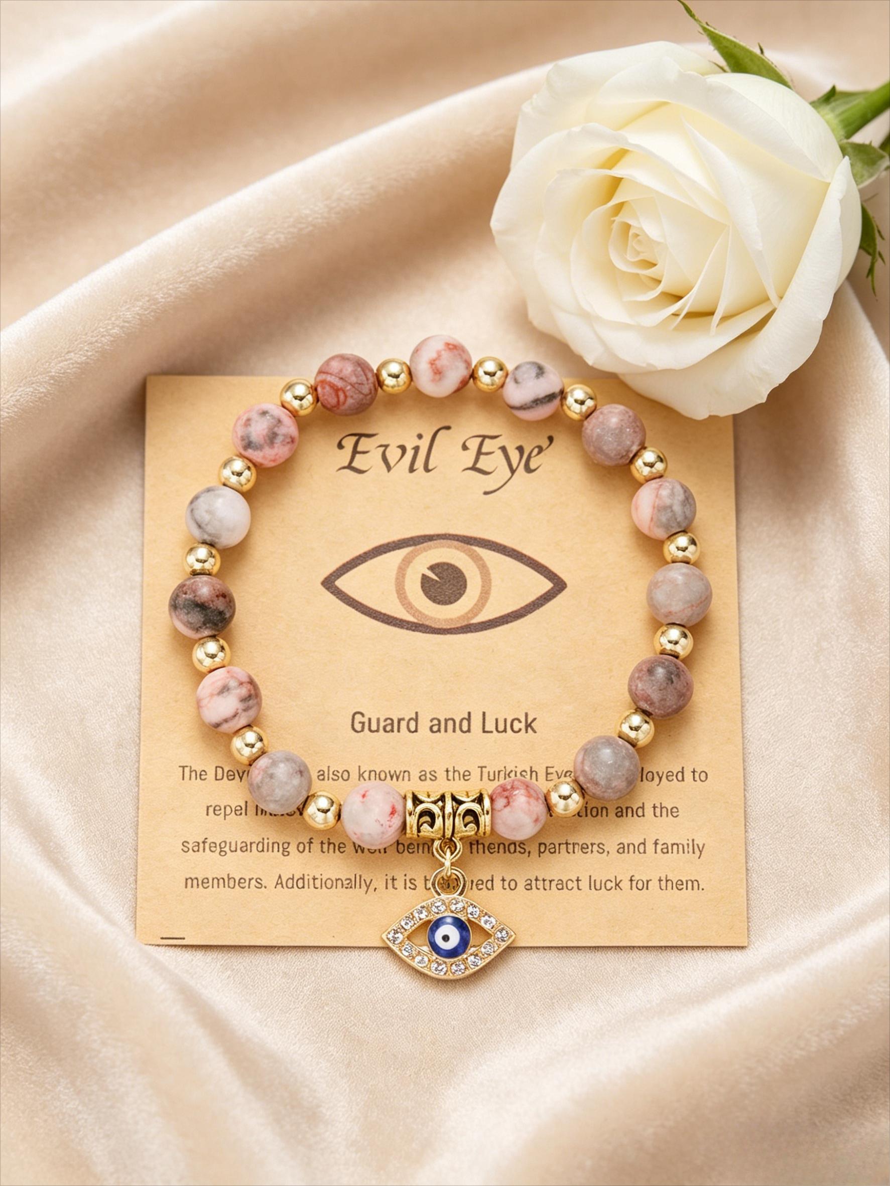 5Pcs,a set of random bracelets, multi-color natural stone Turkish evil eye bracelet set, niche design sense transfer bracelet, couple and girlfriend birthday gift, commuting versatile light luxury high-end fashion jewelry.