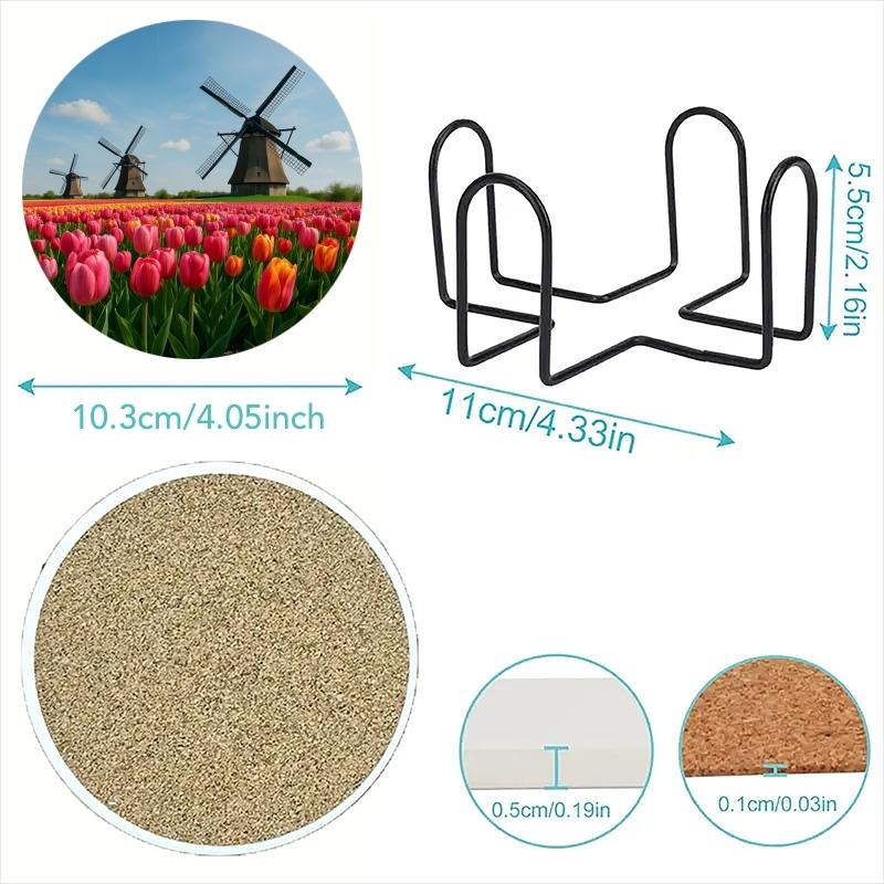 6-Piece Coaster Set Windmill Tulip Design Ceramic Non-Slip Heat Resistant for Coffee & Drinks Home Restaurant Decor Ideal Gift