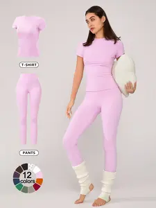 Women's Basic Solid Short Sleeve Tee & Leggings Loungewear, Casual Comfy Stretchy Fit Round Neck Top & Skinny Pants Matching Pajama Set, Ladies Sleepwear for Spring & Fall, Pjs