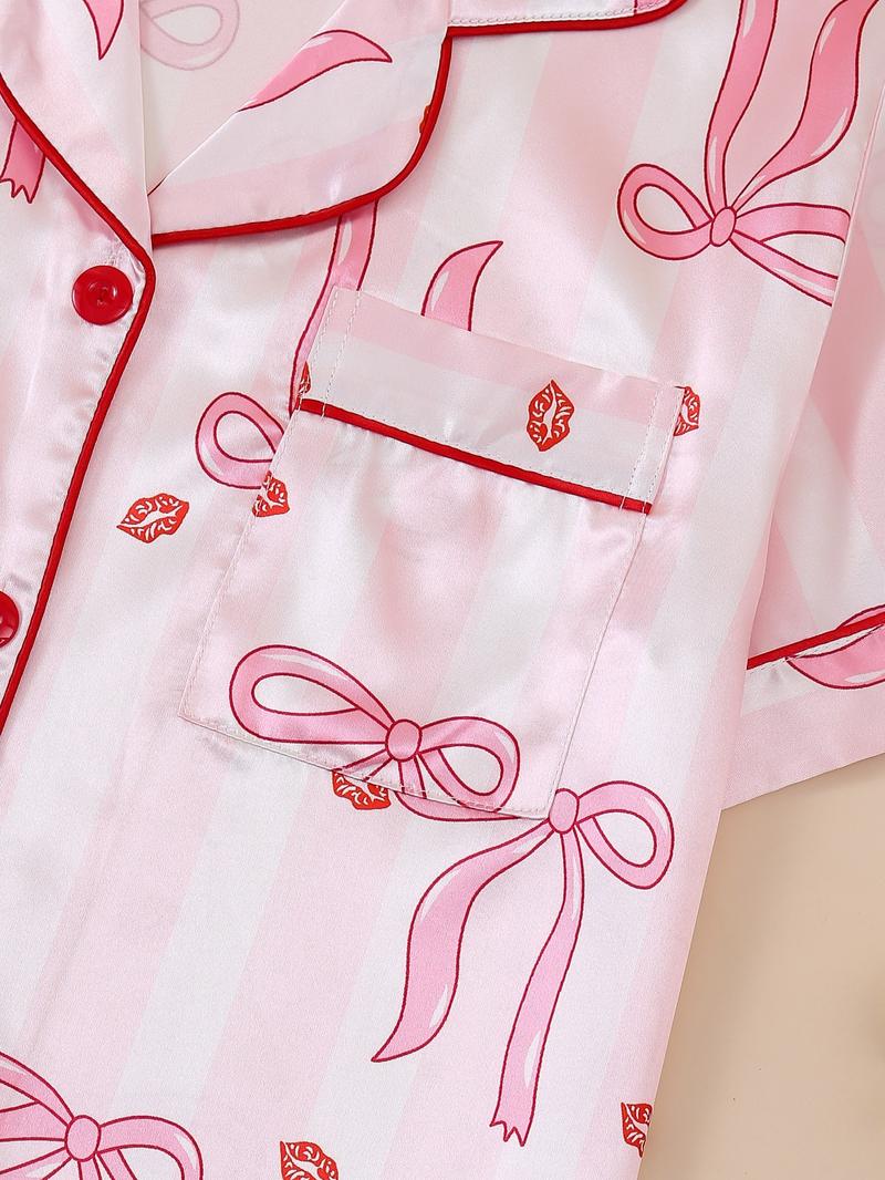 Women's Butterfly Print Sleepwear Set, Elegant Home Clothing for Valentine's Day, Shirt Collar Short Sleeve & Elastic Shorts