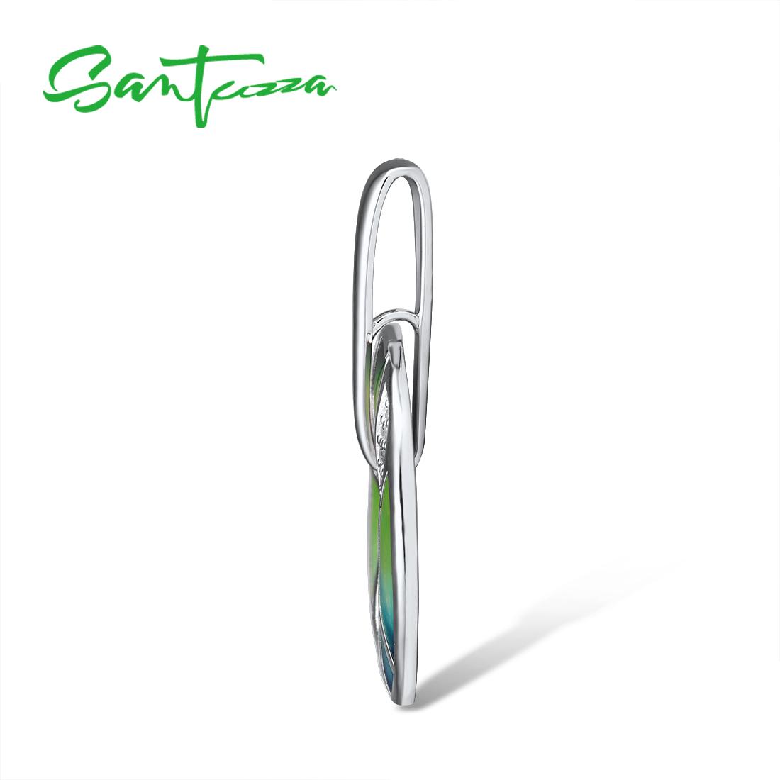 SANTUZZA 925 Silver White Cubic Zirconia Green Enamel Pendant Without Chain Leaf Circle Shaped Fashion Jewelry