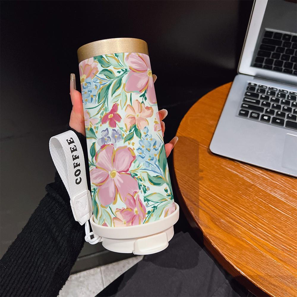 Abstract Hand-Painted Lotus Coffee Cup, Portable Dual Drink Insulated Tumbler, Keeps Hot/cold, Boho Style, Ideal for Office, Travel, Sports