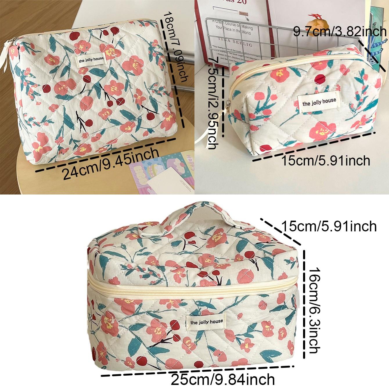 3/1 Pcs Quilted Travel Makeup Bag, Large Capacity Fluffy Cosmetic Bag, Washable Floral Pattern, Portable, Ideal for Women/girls Travel Gifts
