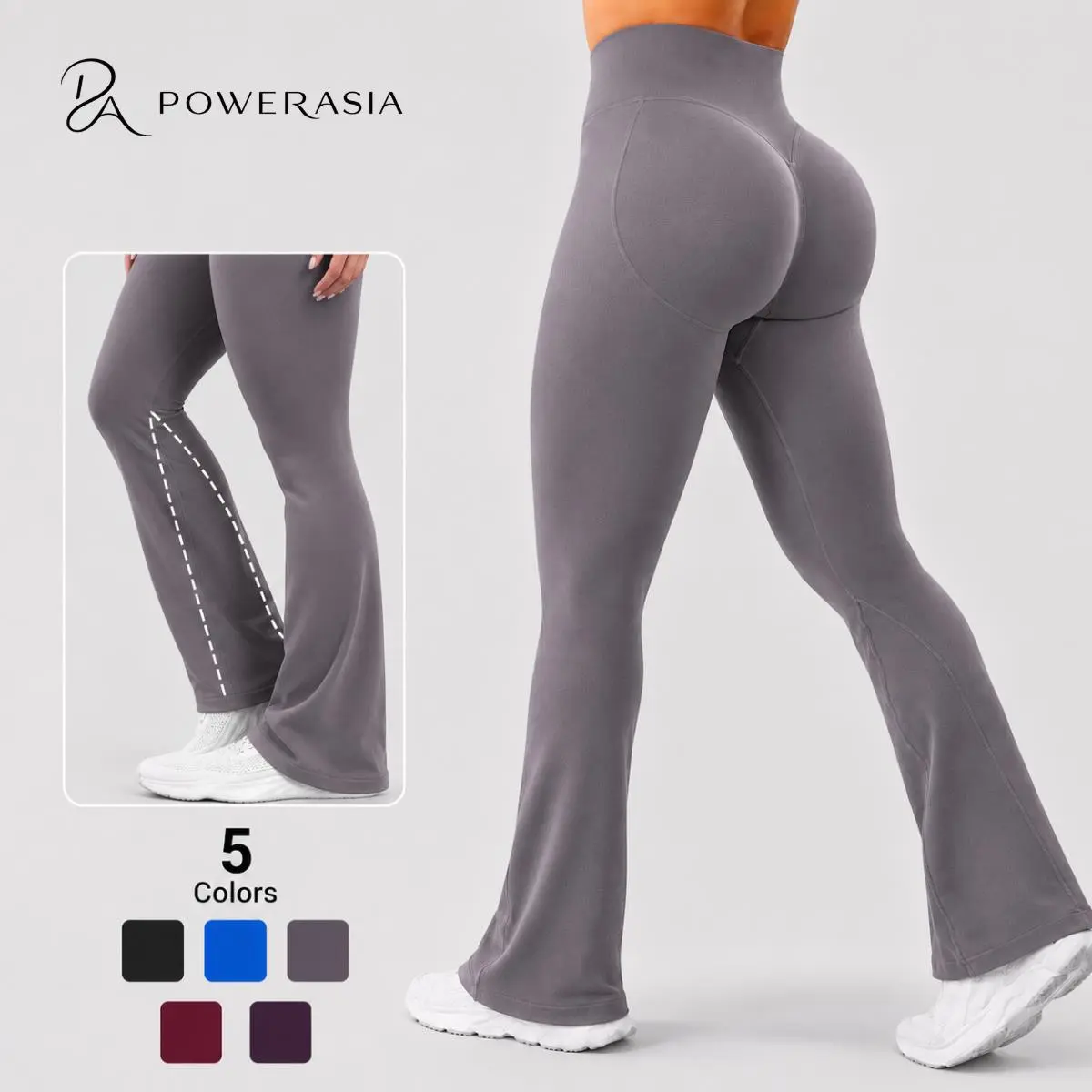 POWERASIA Women's Mid-Waisted Stretchy Seamless Flared Moisture-Wicking Leggings - Tummy Control, Butt Lifting Scrunch, Slimming Yoga Activewear for Summer Gym Workout, Flared Silhouette