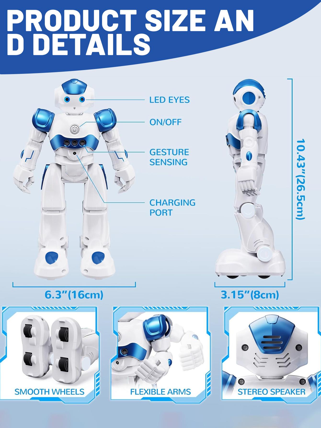 Programmable Robot Toy with Wireless Remote and Gesture Sensing, Smart Rechargeable Robot with Lights, Music, Dance, Gift for Kids Ages 3-9