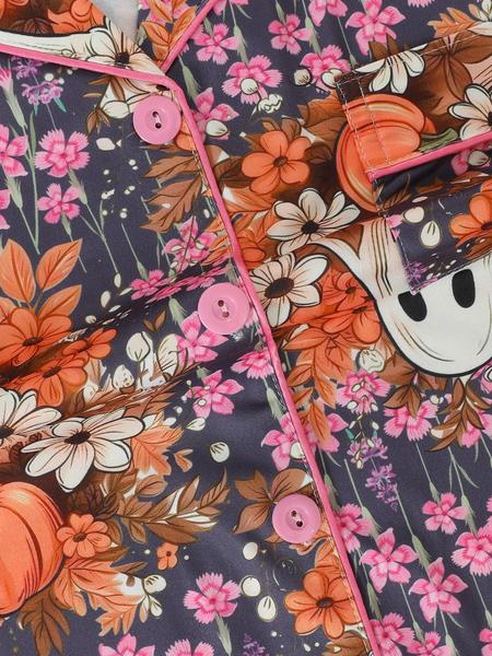 Women's Halloween Pumpkin Bat Print Pajama Set, Lapel Long Sleeve Cardigan & Elastic Waist Pants, All Seasons Sleepwear Home Wear