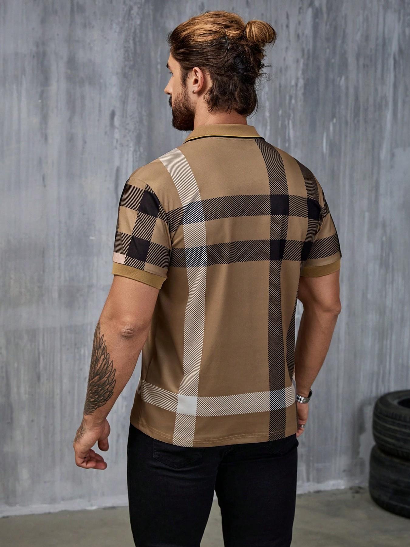 Vintage Plaid Polo Shirt Men Khaki Checkered Short Sleeve Tees Old Money Aesthetic Classic Casual Streetwear Muscle Fit Summer Daily Date Night Outfits