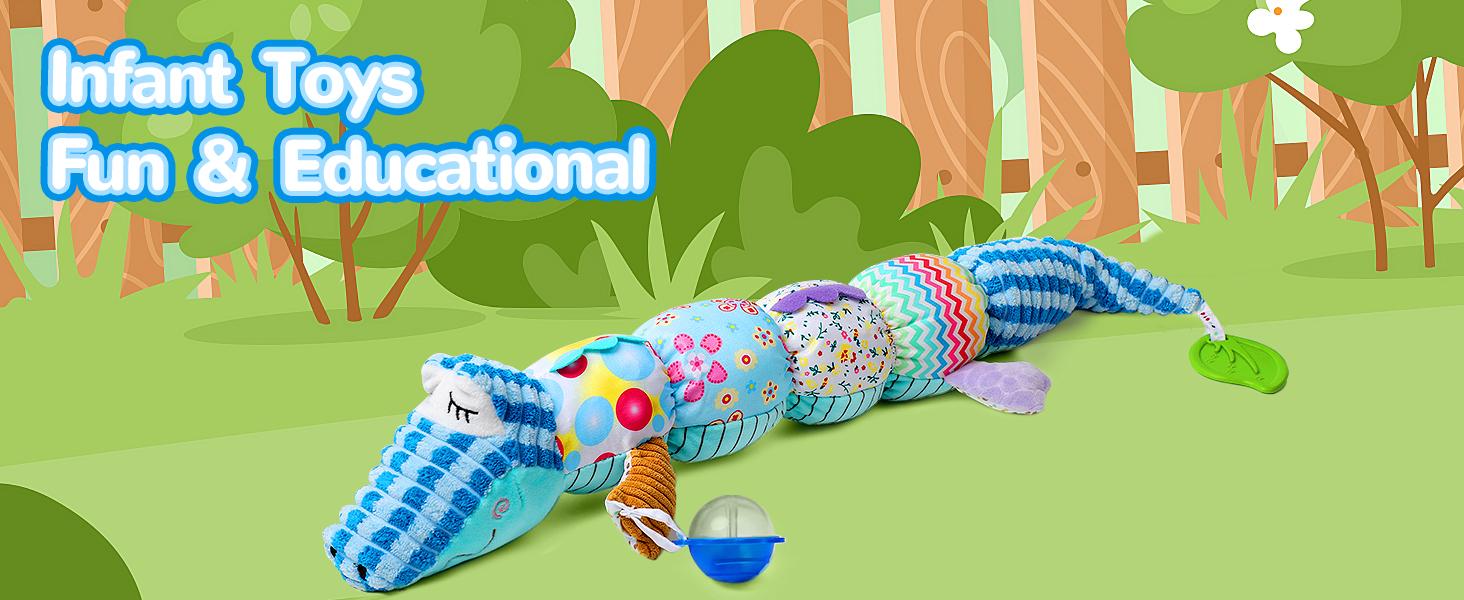 Dearlomum Newborn Baby Girl Gift Toys Infant Tummy Time Musical Stuffed Crocodile with Crinkle Rattle Textures Blue Interactive Duck Shaped Play