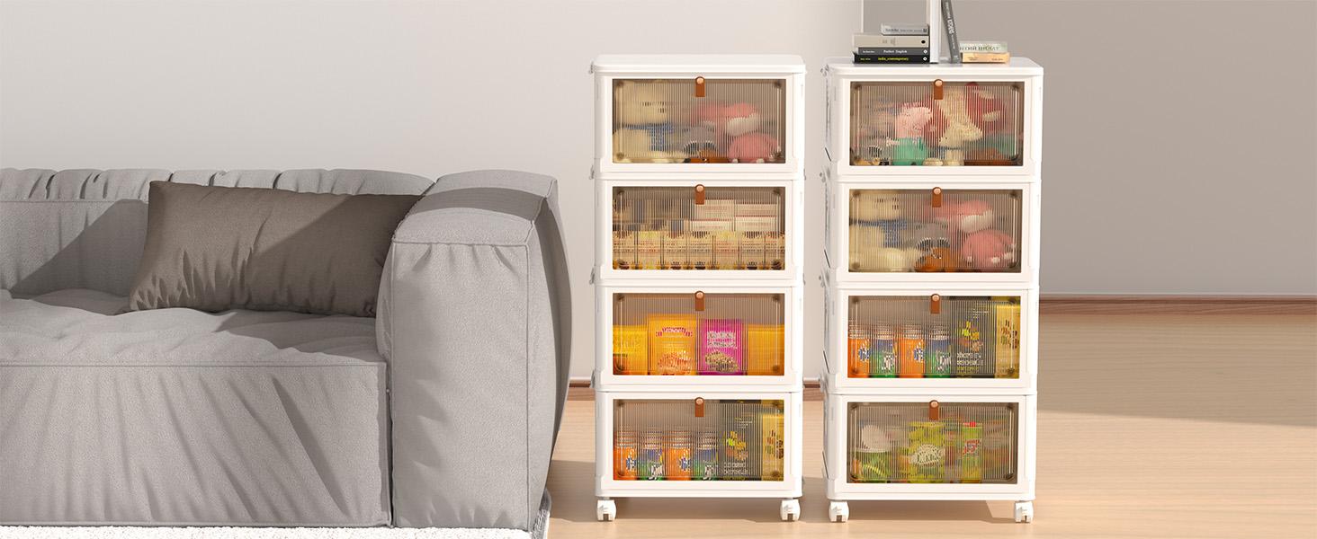 7CODE 4 Tier Plastic Storage Bins with Lids , Stackable Storage Containers with Wheels, Folding Storage Boxes, Collapsible Storage Bins, Closet Organizers and Storage for Living Room,Kitchen,Office,Dorm