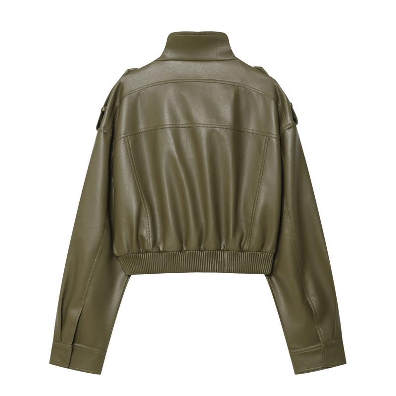 Women's Olive Green Faux Leather Bomber Moto Jacket with Stand Collar and Flap Pockets, Casual Short Layered Streetwear Outerwear