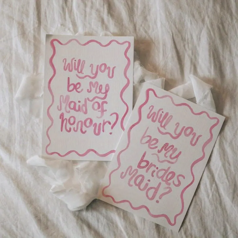 2 pcs Pink Watercolor Doodle Wedding Cards for Bride, Bridesmaids, and Maid of Honor Proposal