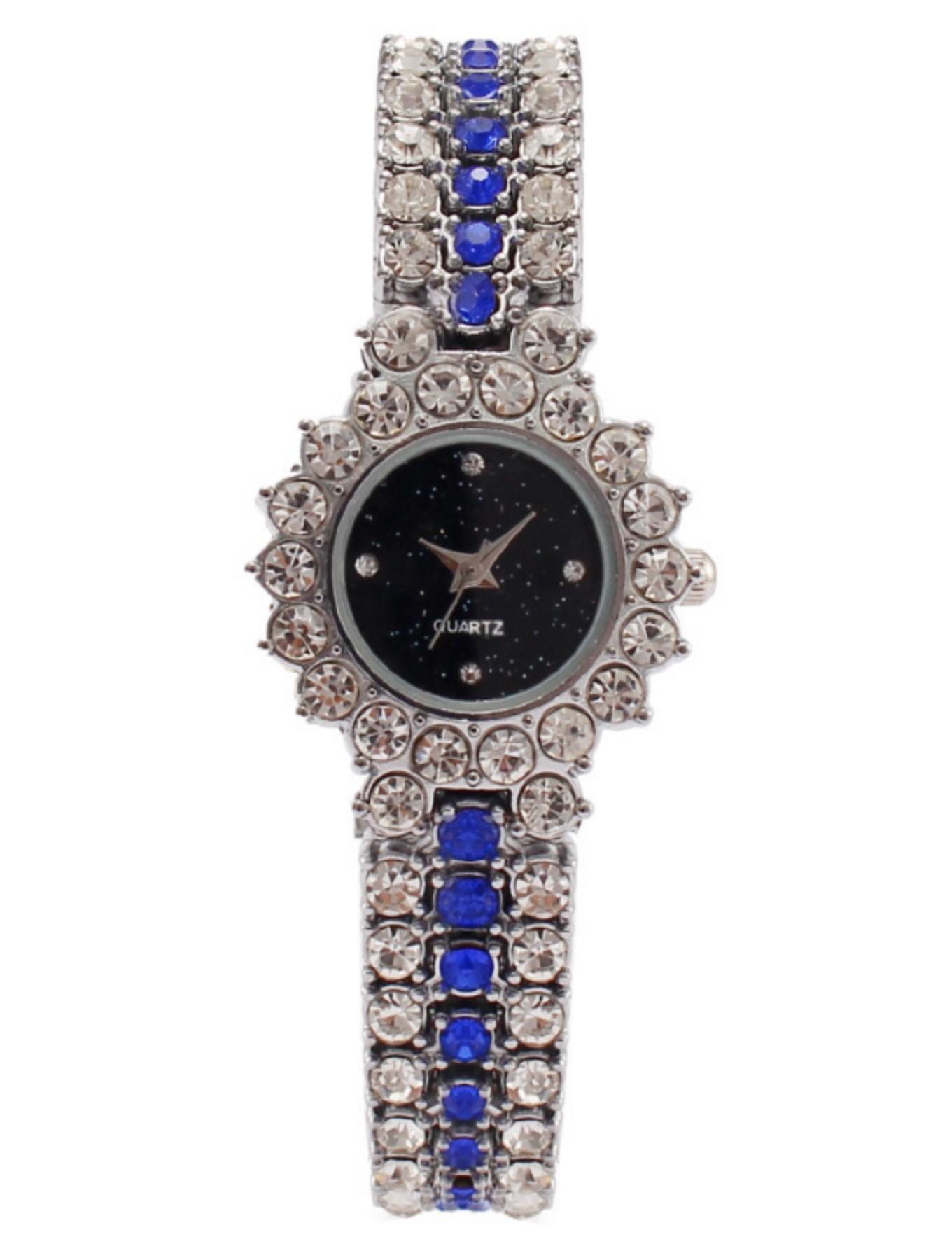 Mother's Day Gift Set, Full Diamond Blue Sapphire Women's Watch, Lip Liner, Foundation, Powder Compact, Silver Color Case, Casual Style