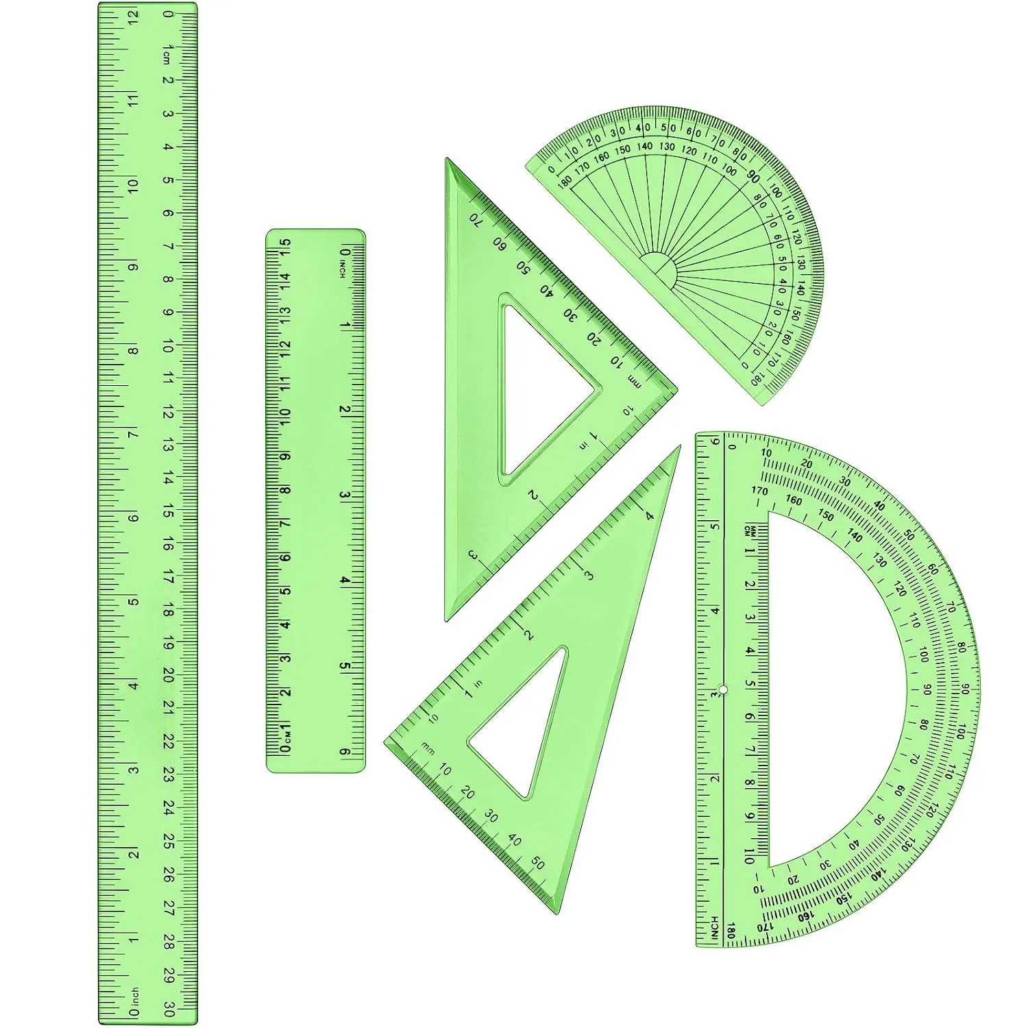 6 count Math Geometry Ruler Set, Protractor Triangle School,Green