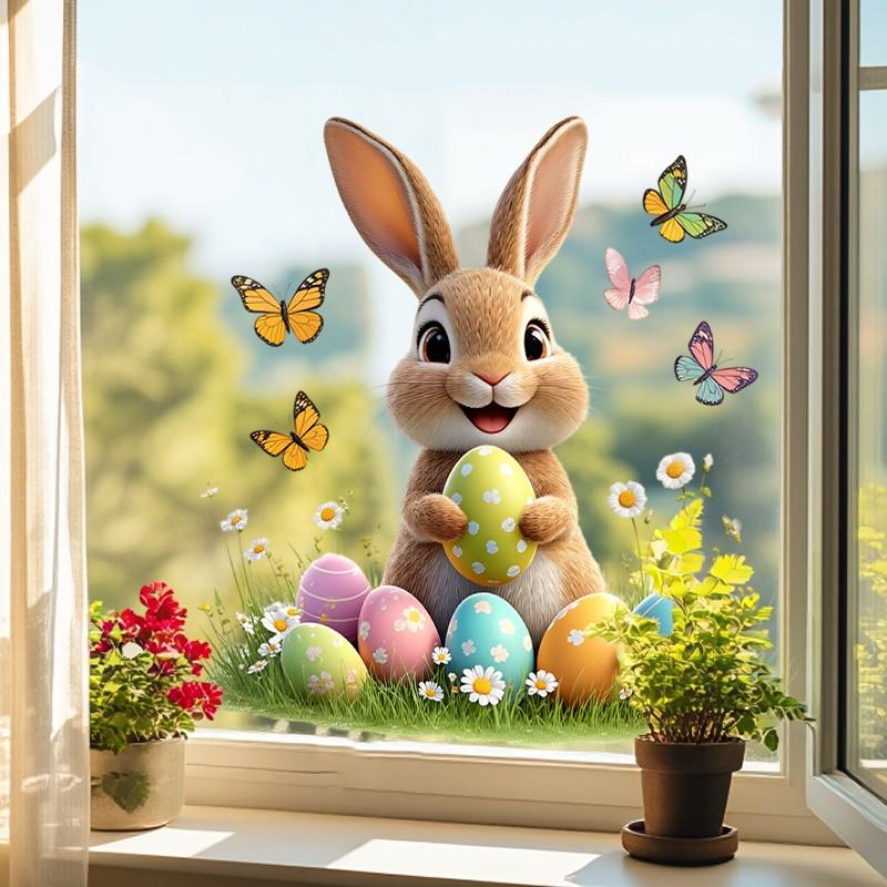 Easter Bunny Egg Sticker, Self-Adhesive Window Decal, Home Wall Decor, Removable PVC Art Sticker, Festive Seasonal Decoration