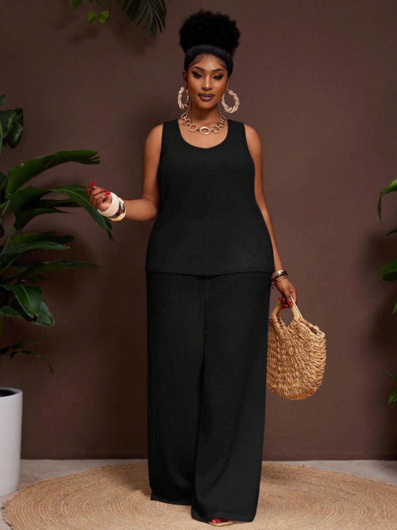 Plus Size Women's Comfortable U-Neck Sleeveless Solid Top with Pockets, Loose Fit Textured Tank, Wide Leg Pants, Business Casual Chic Womenswear Set