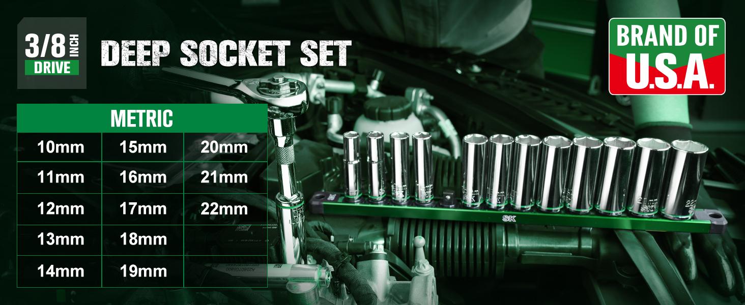 #SpringGlowUp SK 3/8" Drive Socket Set, Deep Metric Sockets, 13-Piece, SuperKrome Finish, Premium CR-V Construction, with Aluminum Socket Organizer