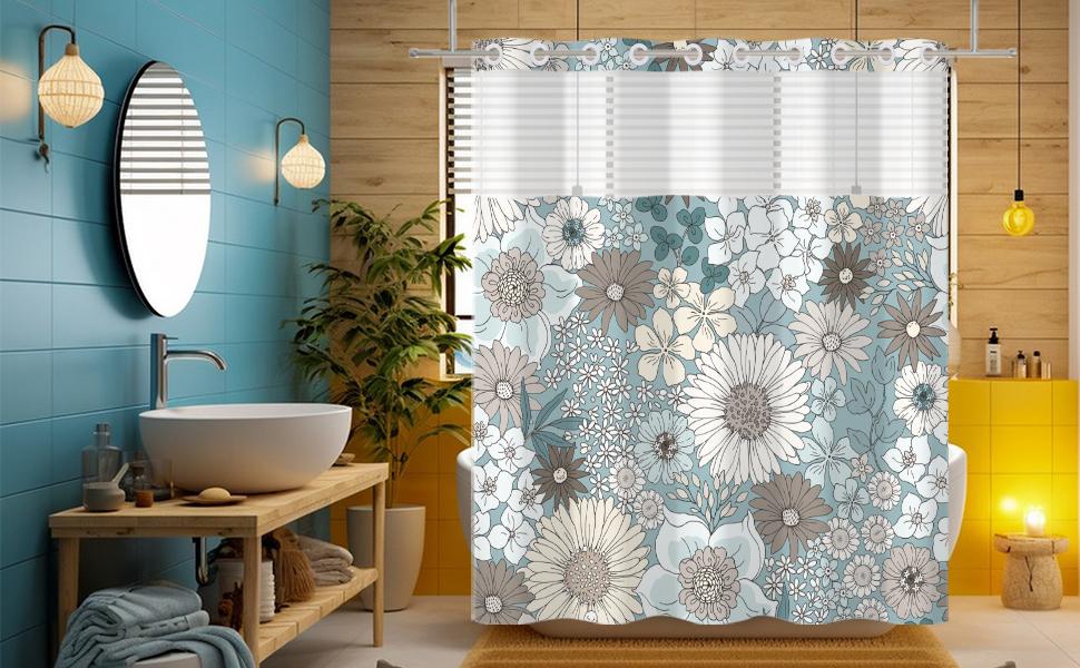 Hookless Modern Floral Shower Curtain, Blue Boho Flower-Layered Design with Snap-In Mesh Liner and Weights, 71x74in Floral Shower Curtains for Bathroom, Hookless Shower Curtain