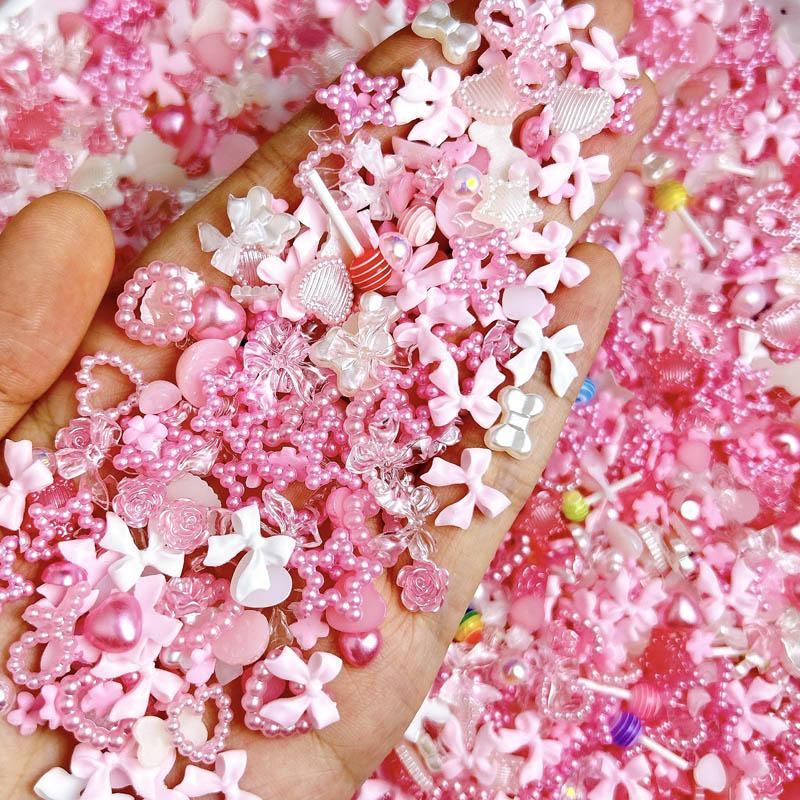 100PCS Sweet Minimalist Bow Resin Nail Charms Simulated Heart Candy Half Round Pearls Pink Decorations DIY Nail Art Supplies