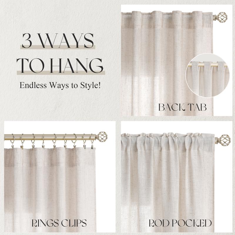 Jowels Flax Linen Curtains 2 Panel for Living Room Back Tab Pocket Drapes Semi Sheer Privacy Window Curtain Country Rustic Farmhouse Cloth Curtain for Dinning Room