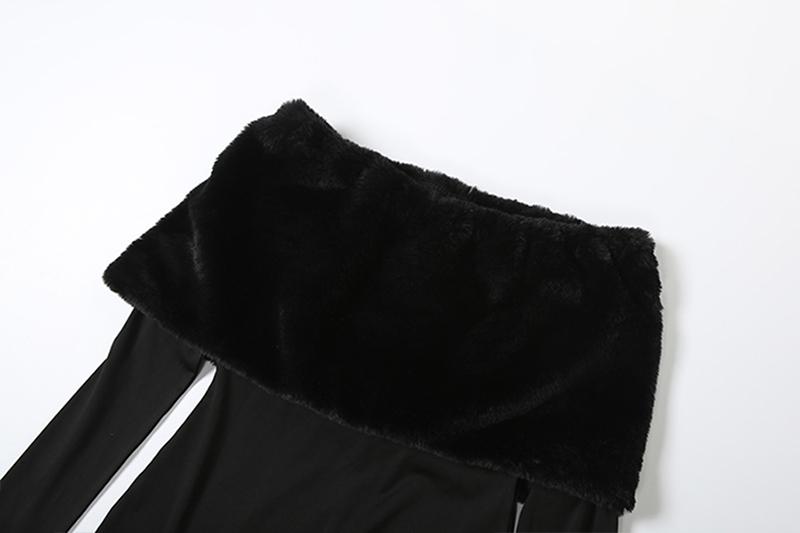 DOUCIU Basic Sporty Casual Tight-Fitting Sexy Hot Trendy Street Cool Women'S Thin Solid Color Fur Collar Spliced Off-Shoulder Long Sleeve Street Fashion Jumpsuit