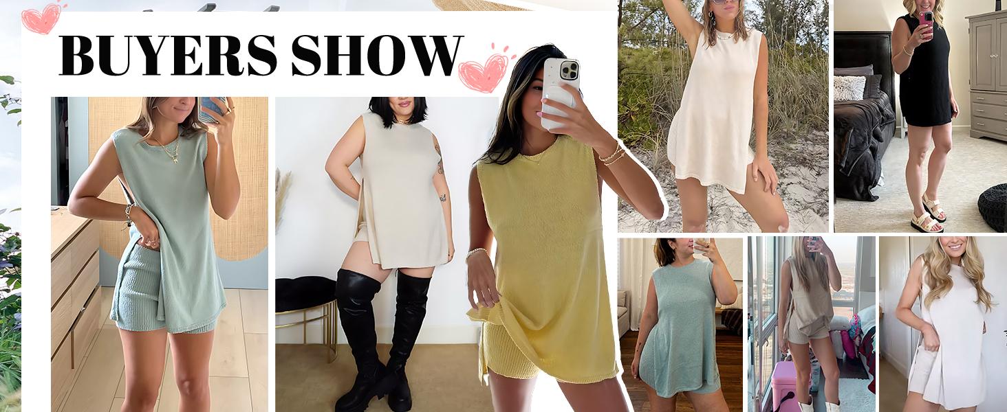 SCUSTY Women's 2 Piece Outfits Summer Knit Sweater Set Sleeveless Tunic Top Matching Shorts Trendy Beach Vacation Sets Loungesetwomen Suits Clothes Womenswear  Basic Beige