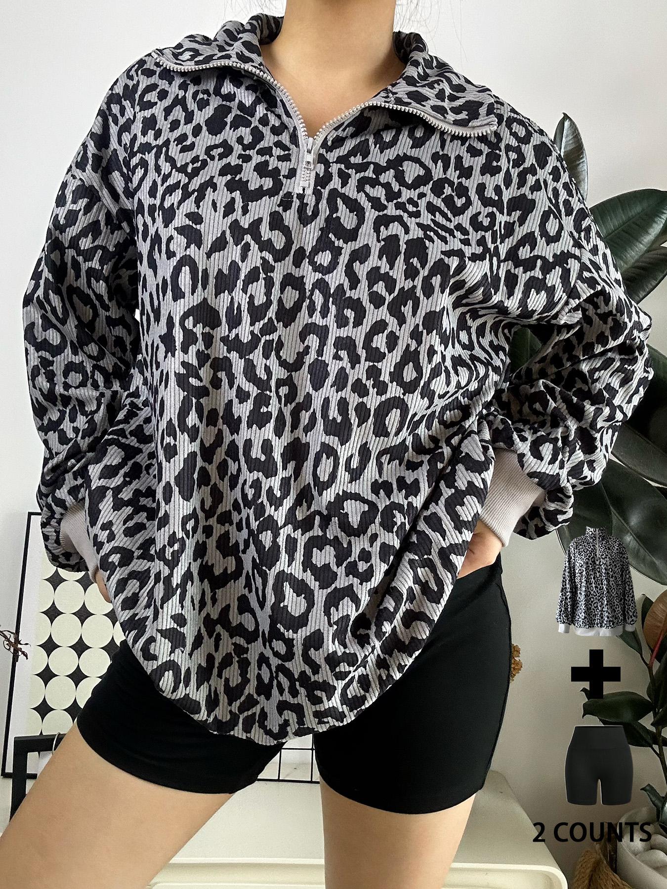 Women's 2pcs Set  Casual Zip Up Front Long Sleeve Leopard Print Sweatshirt,Fall Clothes