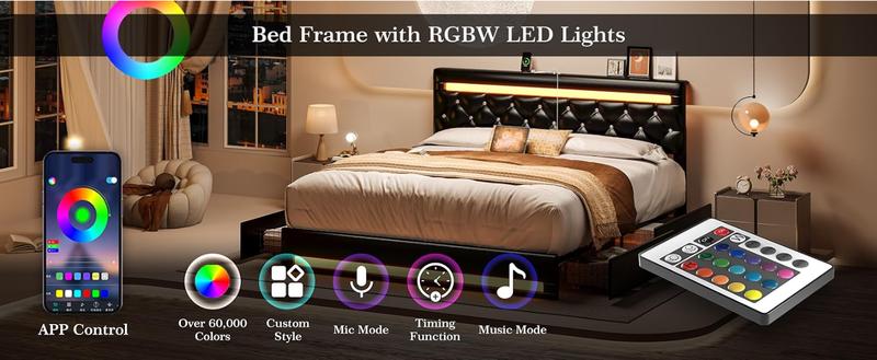 LIKIMIO Bed Frame with LED Lights and 4 Storage Drawers, Upholstered Platform Bed Frame Queen Size with Adjustable Crystal Button PU Leather Headboard, No Box Spring Needed, Black