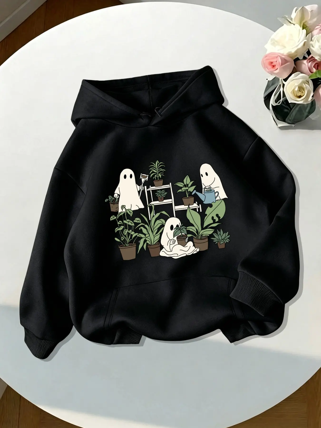 Women’s Halloween Ghost Plant Graphic Hoodies, Oversized Loose Cute Tops for Women, Soft Fleece Lined Long Sleeve Pullover Tops, Vintage Spooky Season Plant Lover Hooded Sweatshirt, Casual Daily Street Outfit For Gardening Plant Enthusiasts