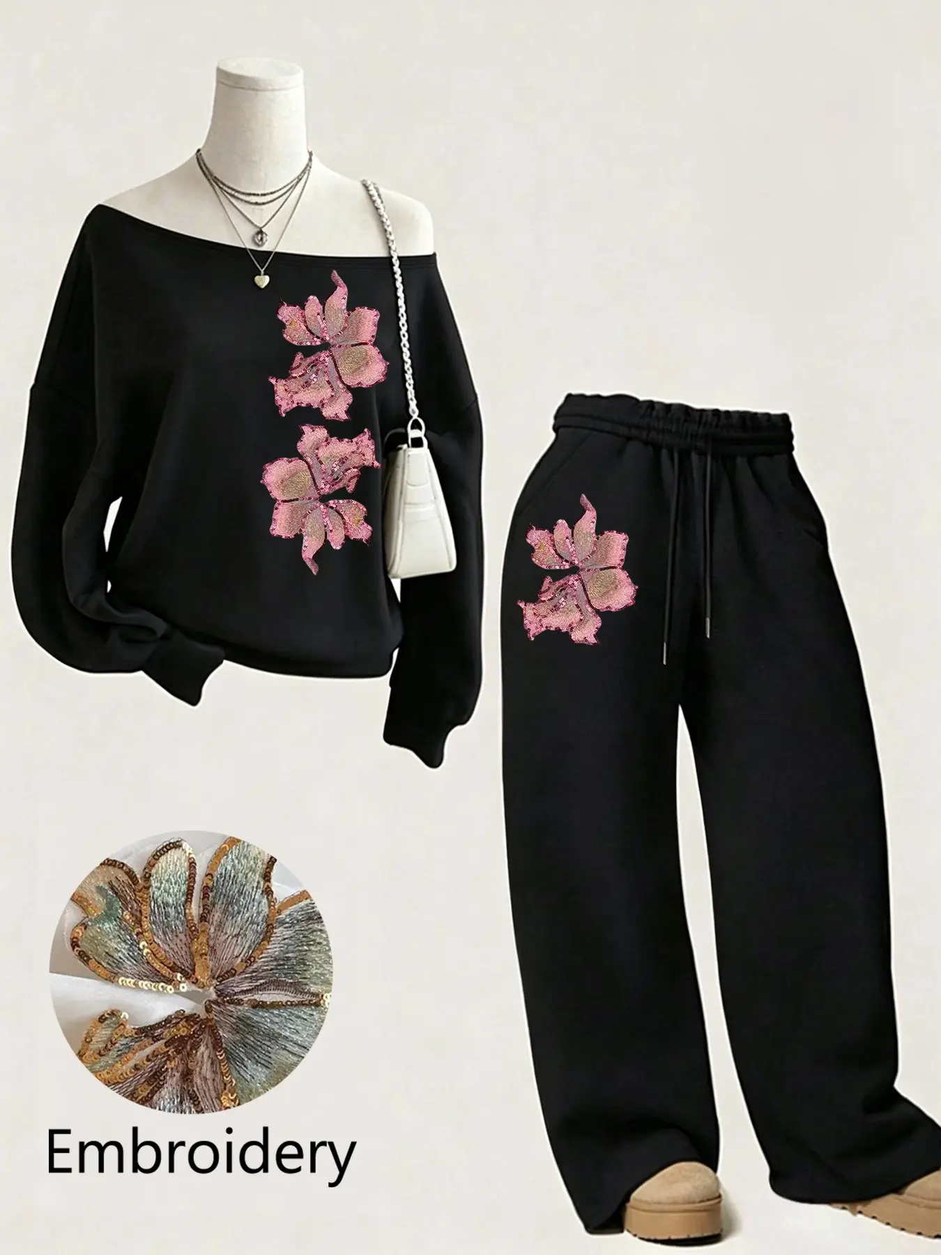 Women's Spring Fall Casual Set, One-Shoulder Sweatshirt + Sport Pants, Floral Embroidery, Street Style, Daily & Outdoor Wear