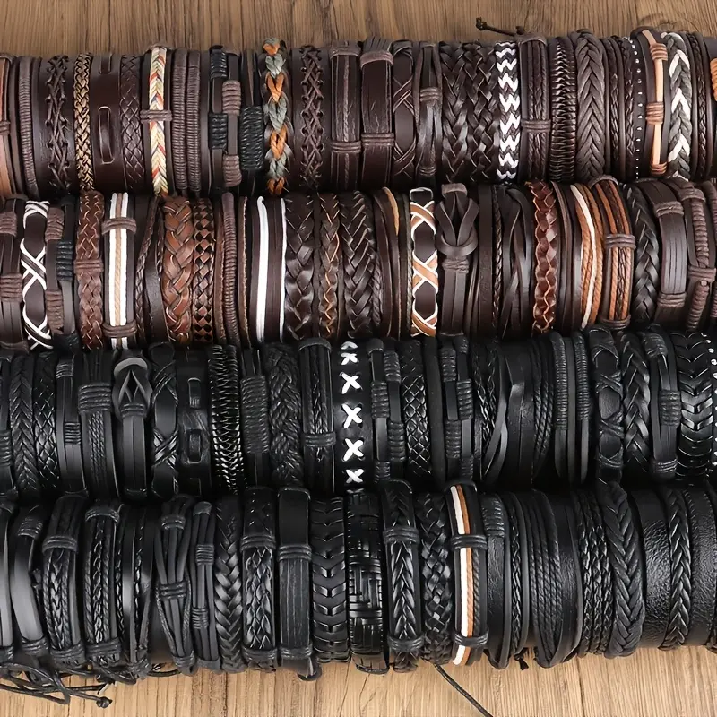 10/24/36Pcs PU Leather Woven Wrap Around Bracelets & Bangles, Vintage Adjustable DIY Braided Cuff, Unisex Black Brown Bracelets for Women, Party Gift