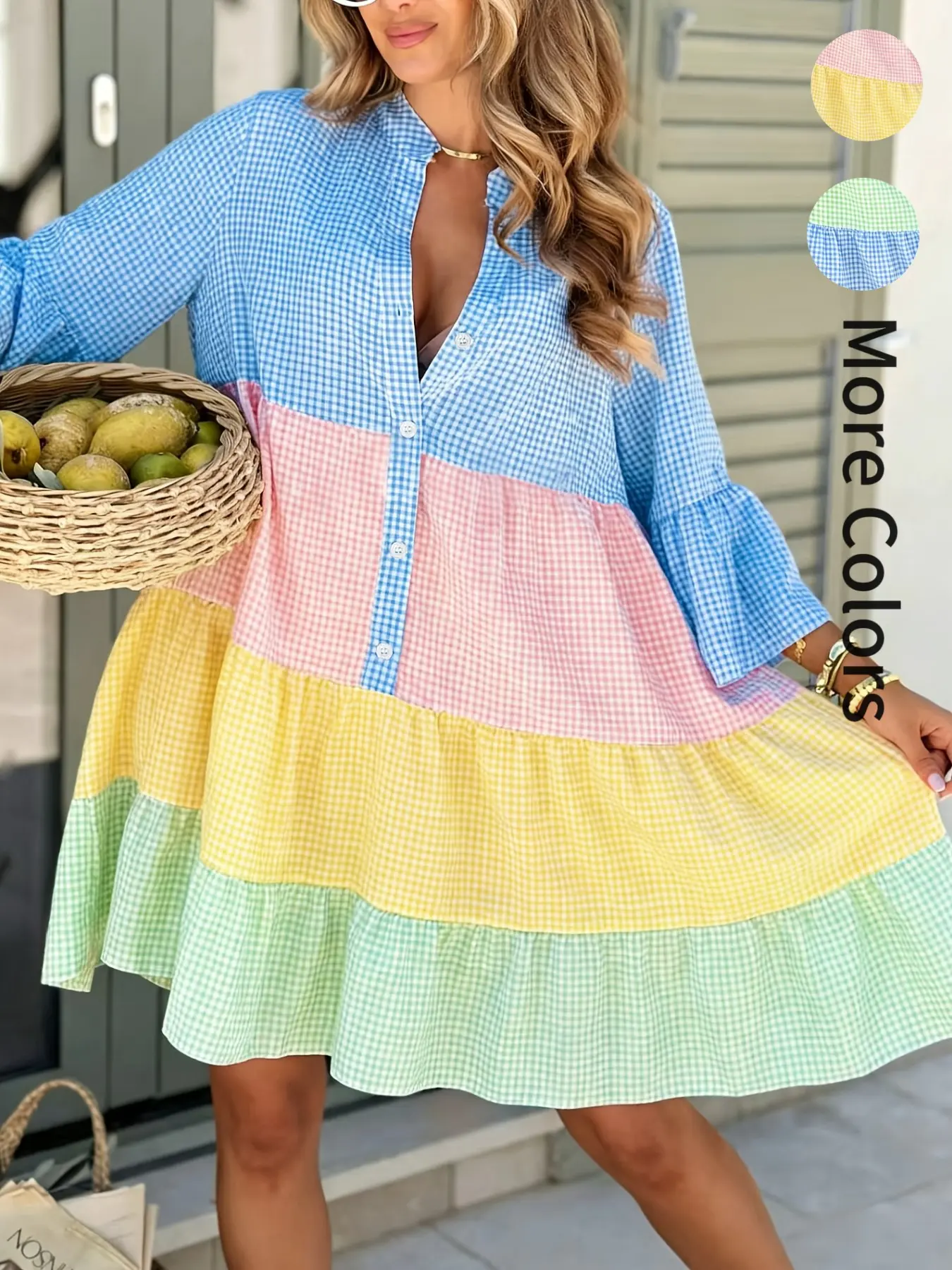 2026 Spring Autumn New Plaid Patchwork Shirt Dress, Loose Bell Sleeve Cake Skirt, Casual Vacation Daily Wear Short Dress