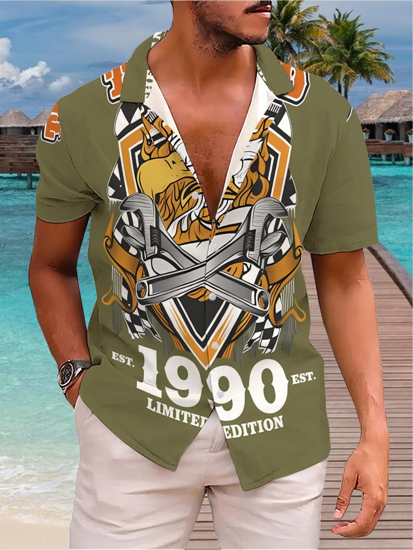 Men's Hawaiian Shirt - Flat Digital Print Pattern - No Texture - Eagle and Tools 1990 Limited Edition, stylish and simple short sleeves, button-up, casual collared shirt, fashionable and versatile, suitable for dates, beach vacations, a perfect gift for m